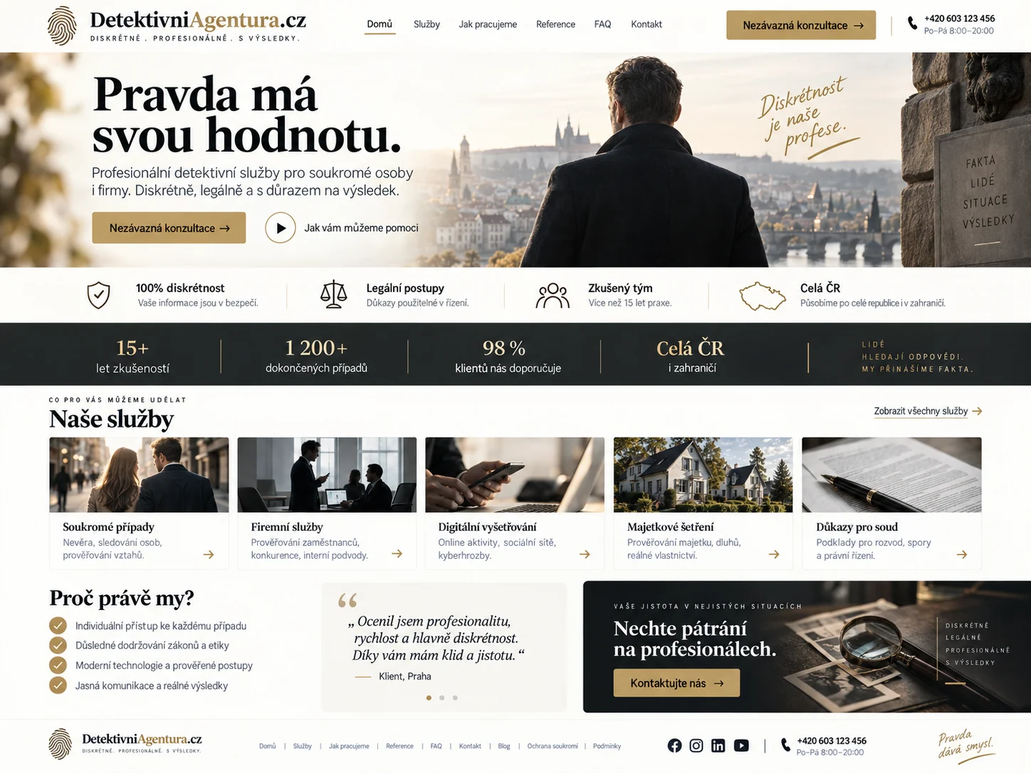 Ilustrační návrh 1 možného webu DetektivniAgentura.cz zaměřeného na profesionální soukromé a firemní detektivní služby