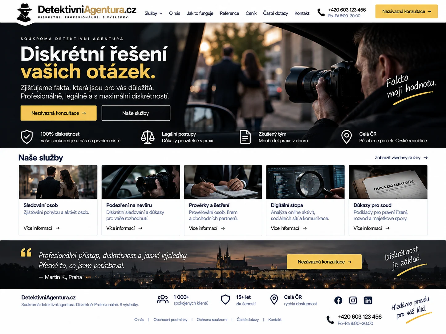 Ilustrační návrh 2 možného webu DetektivniAgentura.cz zaměřeného na profesionální soukromé a firemní detektivní služby